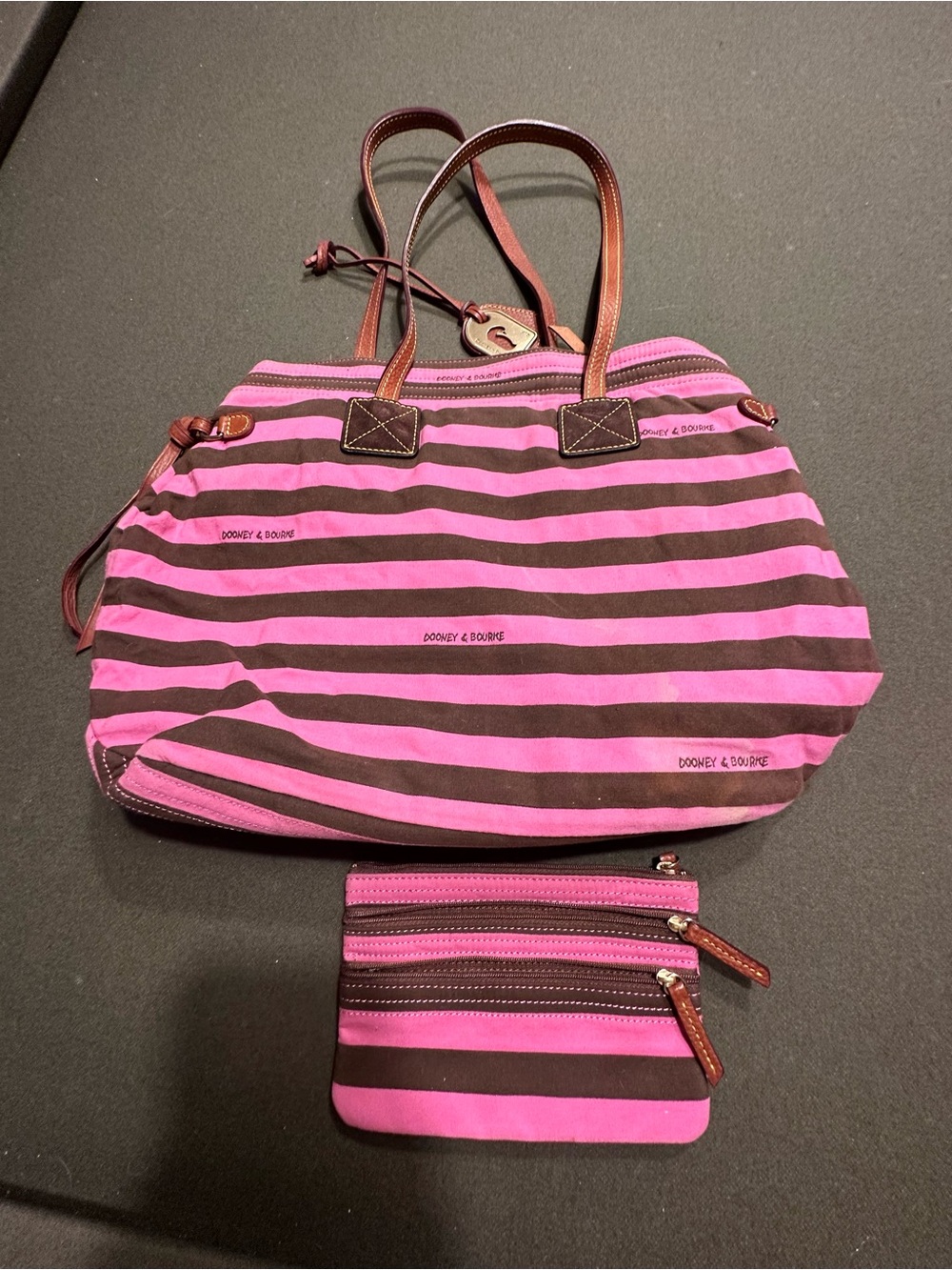 Dooney & Bourke Vintage Pink  and Brown Striped Canvas Tote with pouch